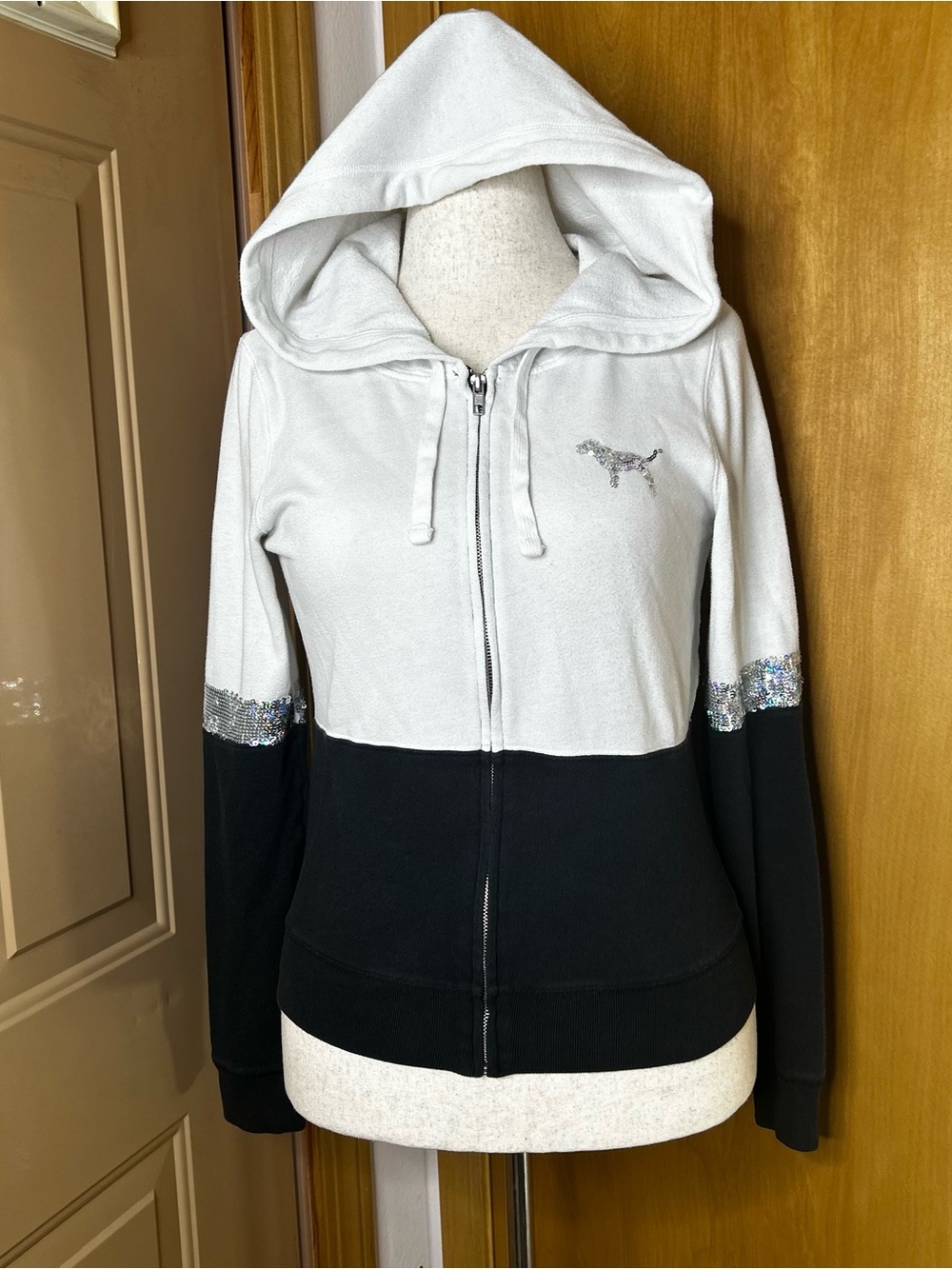 PINK Victoria's Secret White and Black Zip-Up Hoodie with Sequin Trim